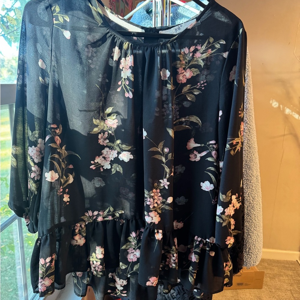 Jolt Black Floral Sheer Blouse Size L